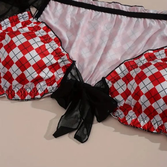 Plus red white black checked shorty tie top matching mini skirt NWT - Picture 11 of 12